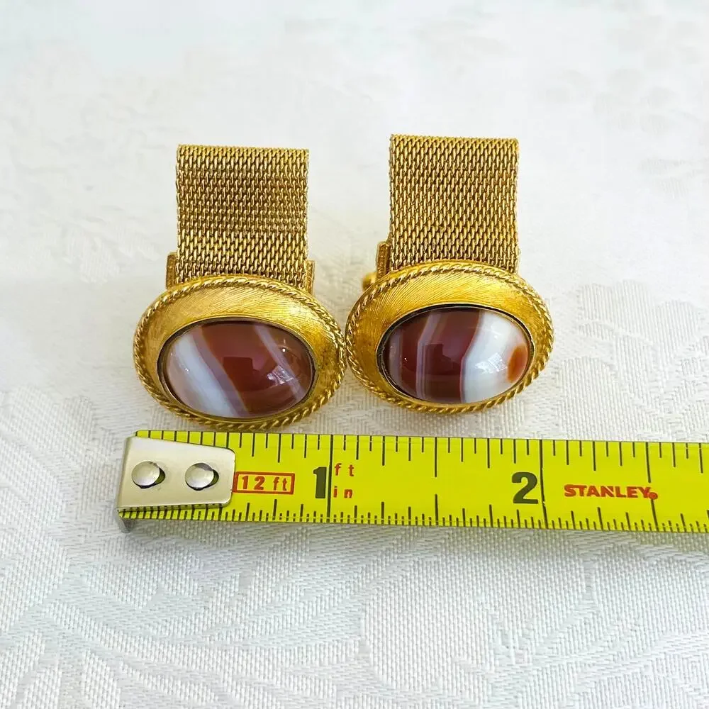 Cufflinks Vtg DANTE 70s Oval Banded Agate Cabochon Swag Mesh Gold Tone